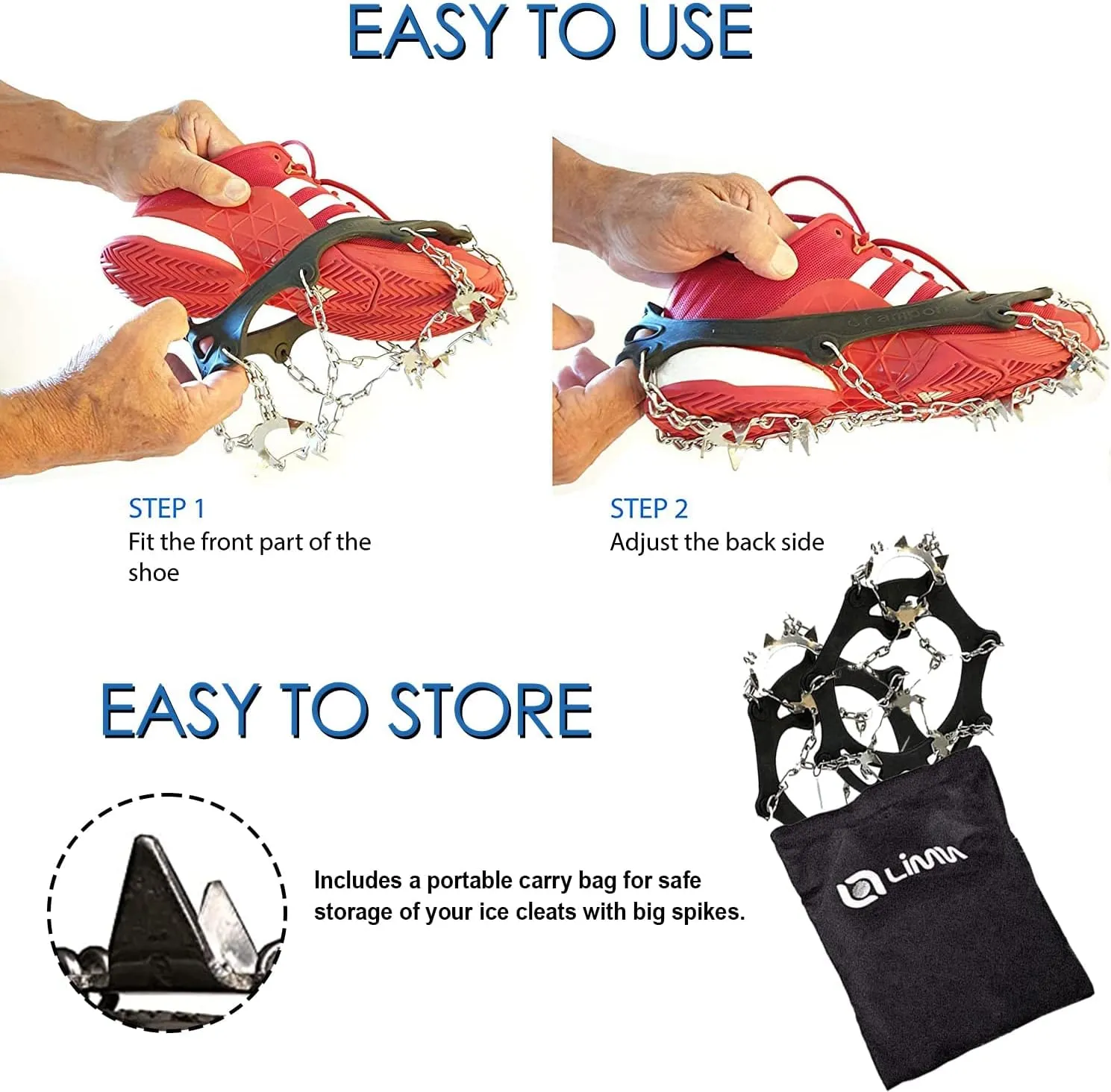 Ice Snow Traction Cleats - Lightweight Crampon Cleats for Walking on Snow & Ice - Anti Slip Grippers Fasten Quickly & Easily Over Footwear - Protable Grips for Shoes and Boots