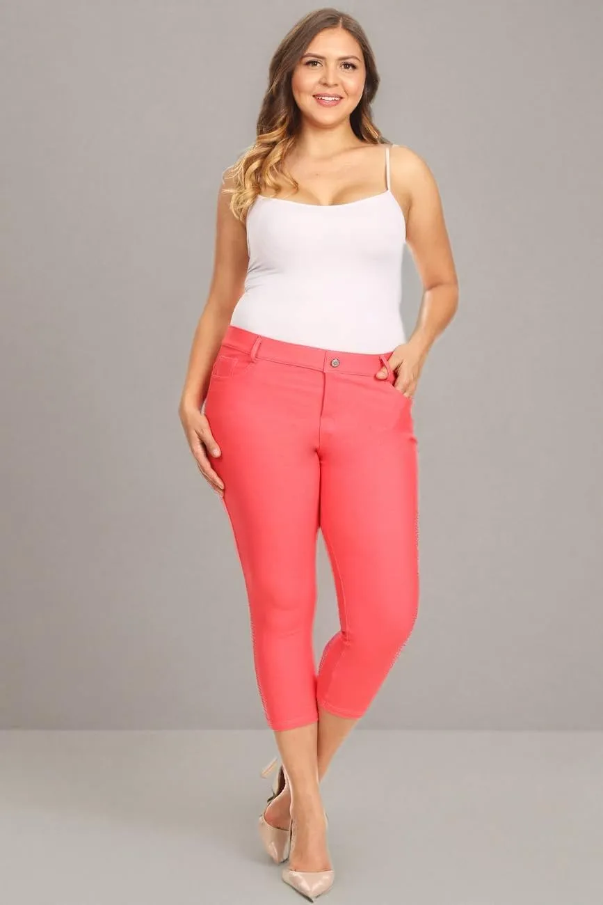 ICONOFLASH Women's 5 Pocket Capri Jeggings True to Size Pull On Skinny Stretch Colored Jean Leggings (Small to Plus 3X Large)