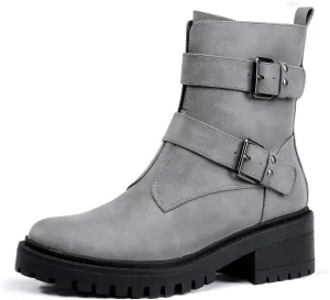 IDIFU Biker Boots for Women Combat Motorcycle Moto Women's Ankle Boots Comfortable Two Buckles Lug Sole Chunky Low Heel Short Boots Fall Fashion Cute Trendy Dressy Side Zipper Boots Booties for Women