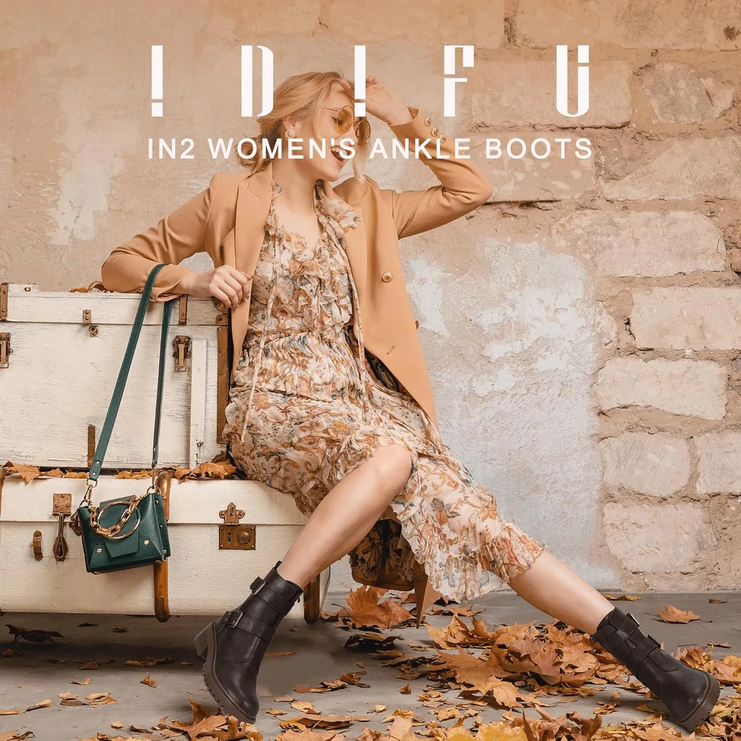 IDIFU Biker Boots for Women Combat Motorcycle Moto Women's Ankle Boots Comfortable Two Buckles Lug Sole Chunky Low Heel Short Boots Fall Fashion Cute Trendy Dressy Side Zipper Boots Booties for Women