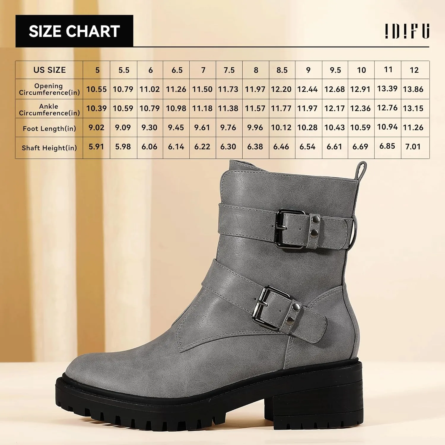 IDIFU Biker Boots for Women Combat Motorcycle Moto Women's Ankle Boots Comfortable Two Buckles Lug Sole Chunky Low Heel Short Boots Fall Fashion Cute Trendy Dressy Side Zipper Boots Booties for Women