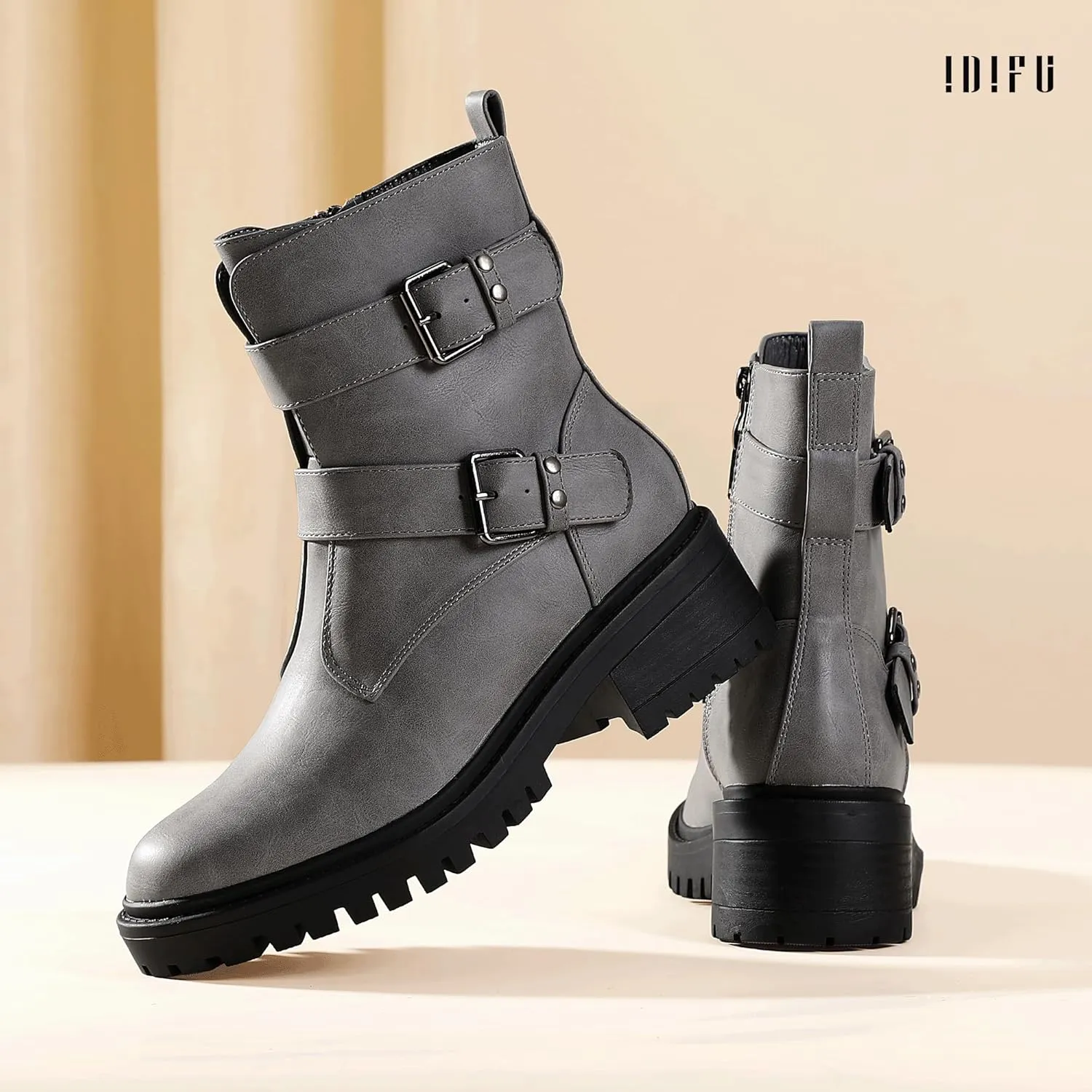 IDIFU Biker Boots for Women Combat Motorcycle Moto Women's Ankle Boots Comfortable Two Buckles Lug Sole Chunky Low Heel Short Boots Fall Fashion Cute Trendy Dressy Side Zipper Boots Booties for Women
