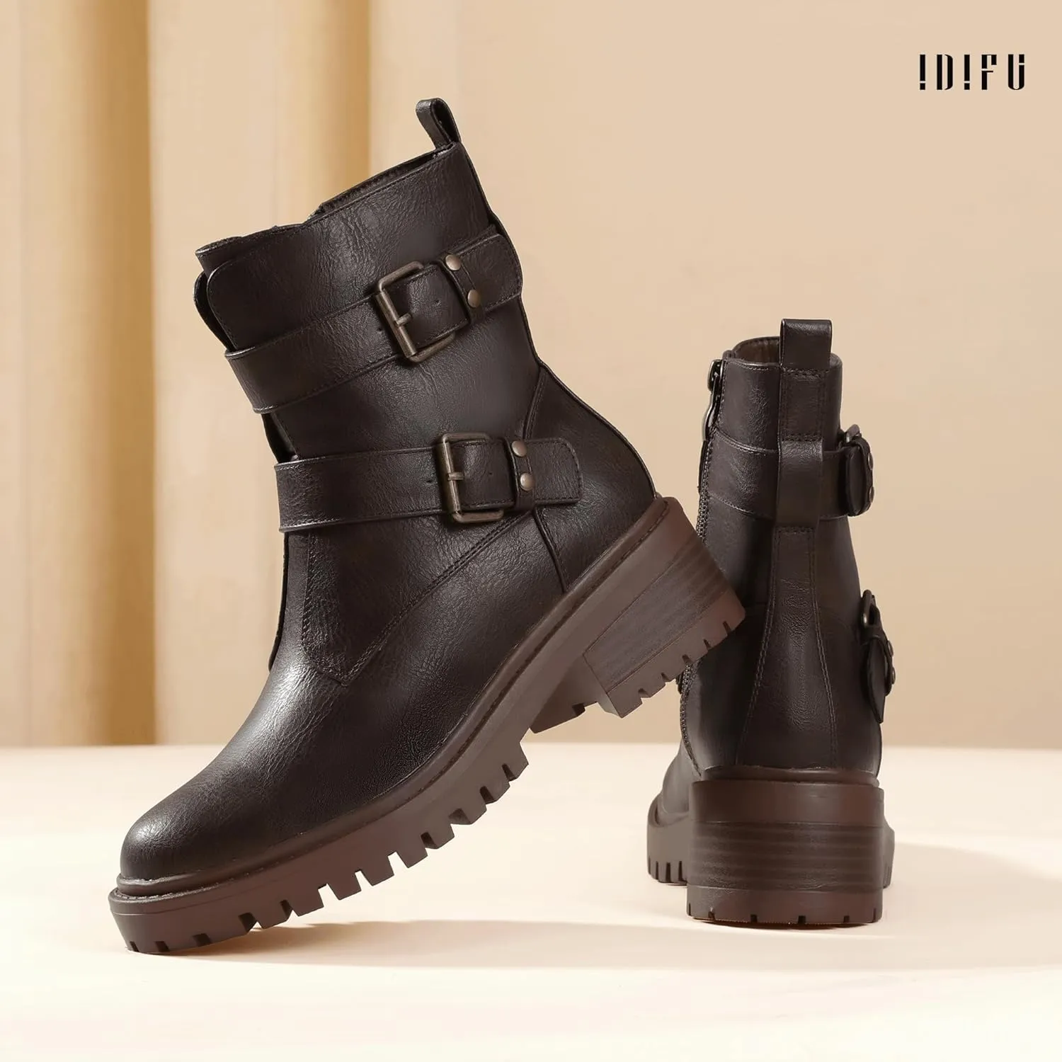 IDIFU Biker Boots for Women Combat Motorcycle Moto Women's Ankle Boots Comfortable Two Buckles Lug Sole Chunky Low Heel Short Boots Fall Fashion Cute Trendy Dressy Side Zipper Boots Booties for Women