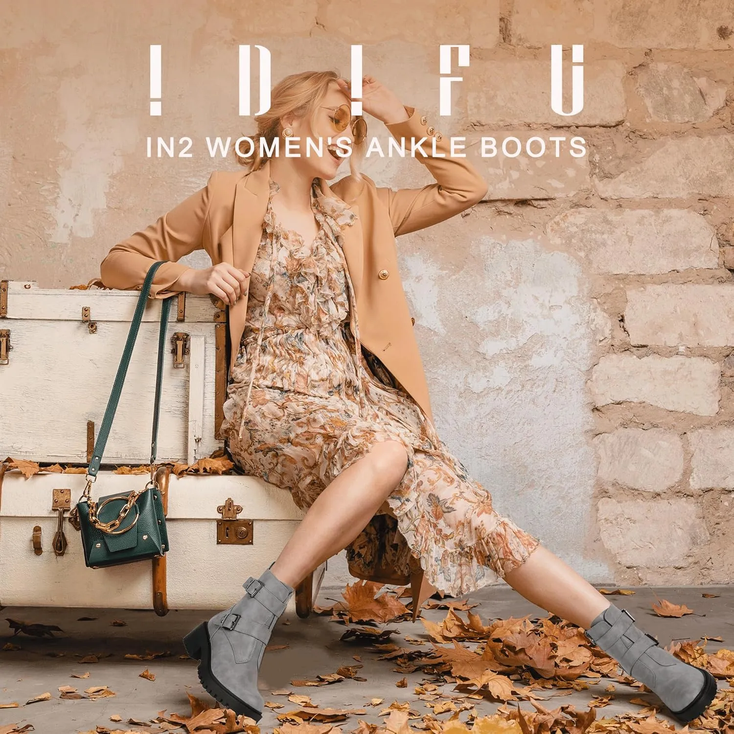 IDIFU Biker Boots for Women Combat Motorcycle Moto Women's Ankle Boots Comfortable Two Buckles Lug Sole Chunky Low Heel Short Boots Fall Fashion Cute Trendy Dressy Side Zipper Boots Booties for Women