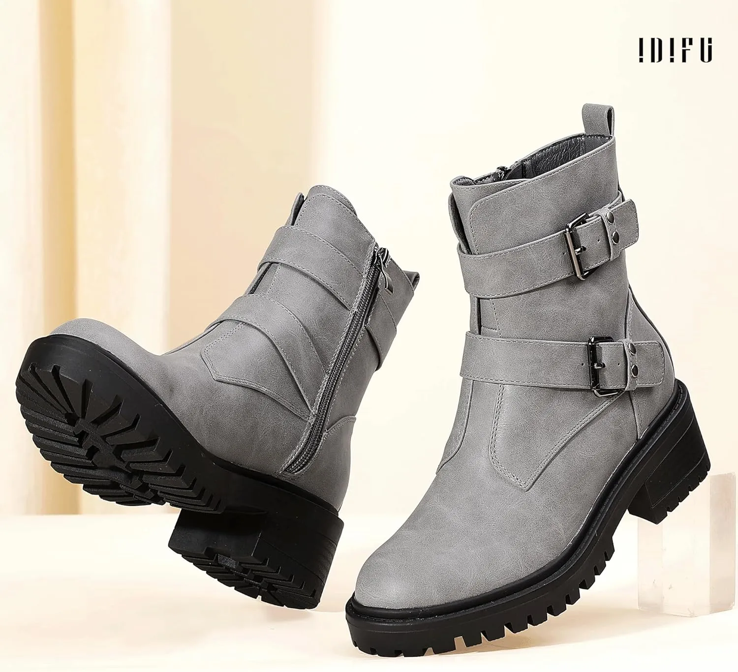 IDIFU Biker Boots for Women Combat Motorcycle Moto Women's Ankle Boots Comfortable Two Buckles Lug Sole Chunky Low Heel Short Boots Fall Fashion Cute Trendy Dressy Side Zipper Boots Booties for Women
