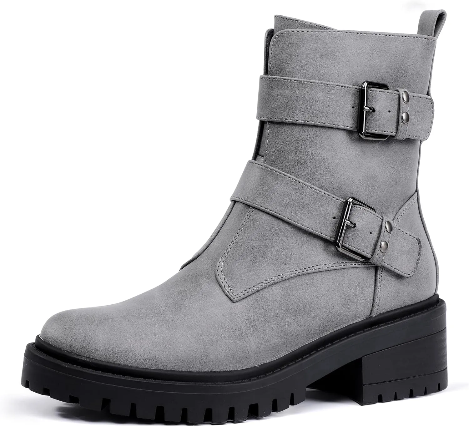 IDIFU Biker Boots for Women Combat Motorcycle Moto Women's Ankle Boots Comfortable Two Buckles Lug Sole Chunky Low Heel Short Boots Fall Fashion Cute Trendy Dressy Side Zipper Boots Booties for Women