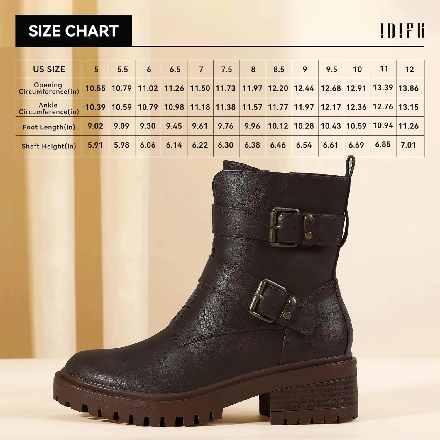 IDIFU Biker Boots for Women Combat Motorcycle Moto Women's Ankle Boots Comfortable Two Buckles Lug Sole Chunky Low Heel Short Boots Fall Fashion Cute Trendy Dressy Side Zipper Boots Booties for Women