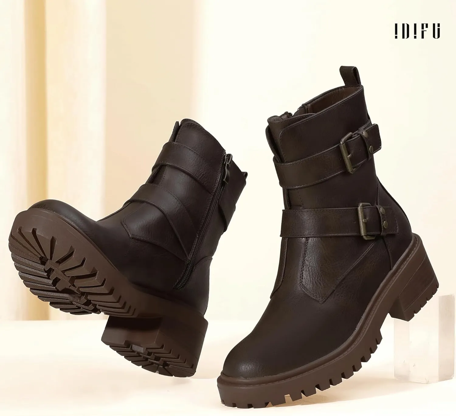 IDIFU Biker Boots for Women Combat Motorcycle Moto Women's Ankle Boots Comfortable Two Buckles Lug Sole Chunky Low Heel Short Boots Fall Fashion Cute Trendy Dressy Side Zipper Boots Booties for Women