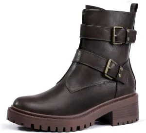 IDIFU Biker Boots for Women Combat Motorcycle Moto Women's Ankle Boots Comfortable Two Buckles Lug Sole Chunky Low Heel Short Boots Fall Fashion Cute Trendy Dressy Side Zipper Boots Booties for Women