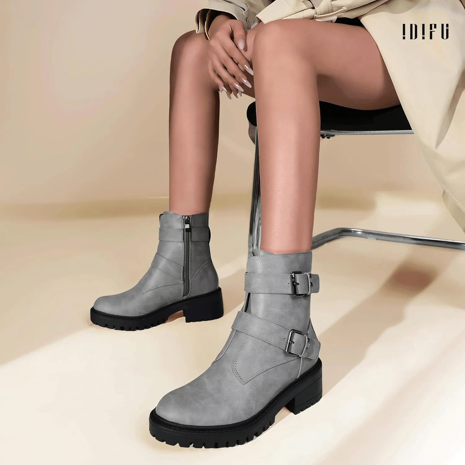 IDIFU Biker Boots for Women Combat Motorcycle Moto Women's Ankle Boots Comfortable Two Buckles Lug Sole Chunky Low Heel Short Boots Fall Fashion Cute Trendy Dressy Side Zipper Boots Booties for Women