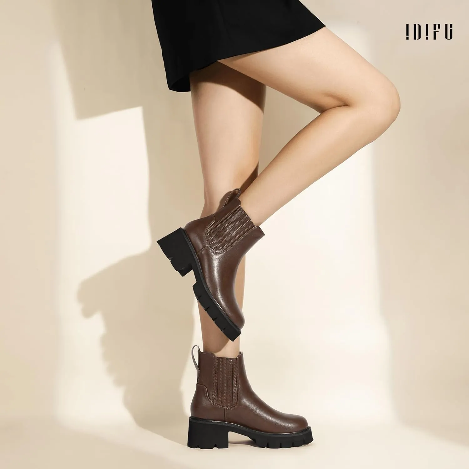 IDIFU IN2 Women's Chelsea Boots Platform Low Block Chunky Heeled Ankle Boots Round Toe Lug Sole Slip On Dress Boots Fall Work Dressy Comfortable Fashion Casual Short Booties Shoes