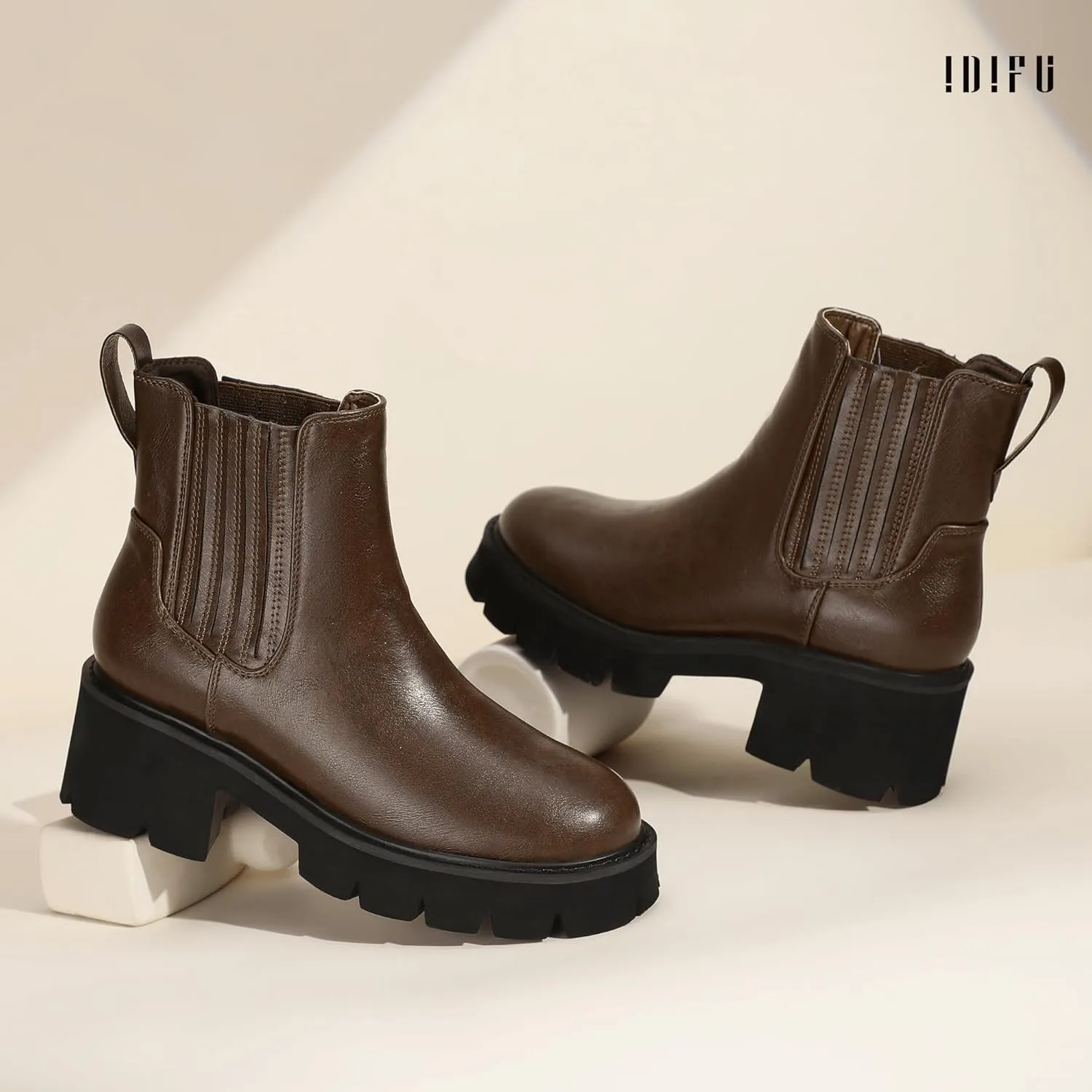 IDIFU IN2 Women's Chelsea Boots Platform Low Block Chunky Heeled Ankle Boots Round Toe Lug Sole Slip On Dress Boots Fall Work Dressy Comfortable Fashion Casual Short Booties Shoes