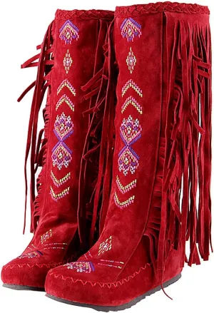 Inornever Knee High Boots for Women Moccasins Embroidered Fringe Booties Cowboy Winter Comfortable Warm Vintage Flat Heel Cowgirl Western Suede Long Snow Tassel Boots 7.5