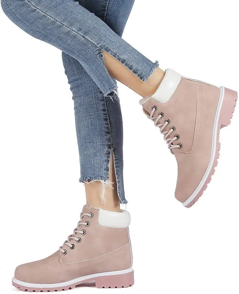Inornever Winter Snow Boots for Women Waterproof Shoes Flat Lace Up Ankle Booties Low Heel Work Combat Boots