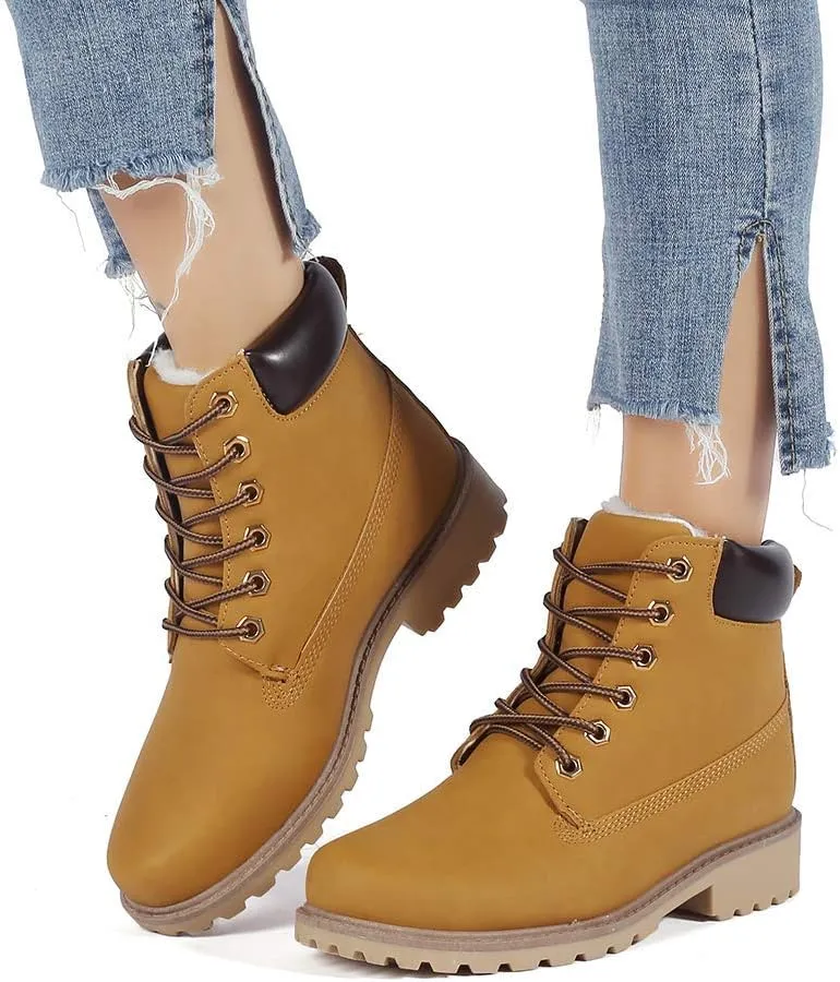 Inornever Winter Snow Boots for Women Waterproof Shoes Flat Lace Up Ankle Booties Low Heel Work Combat Boots