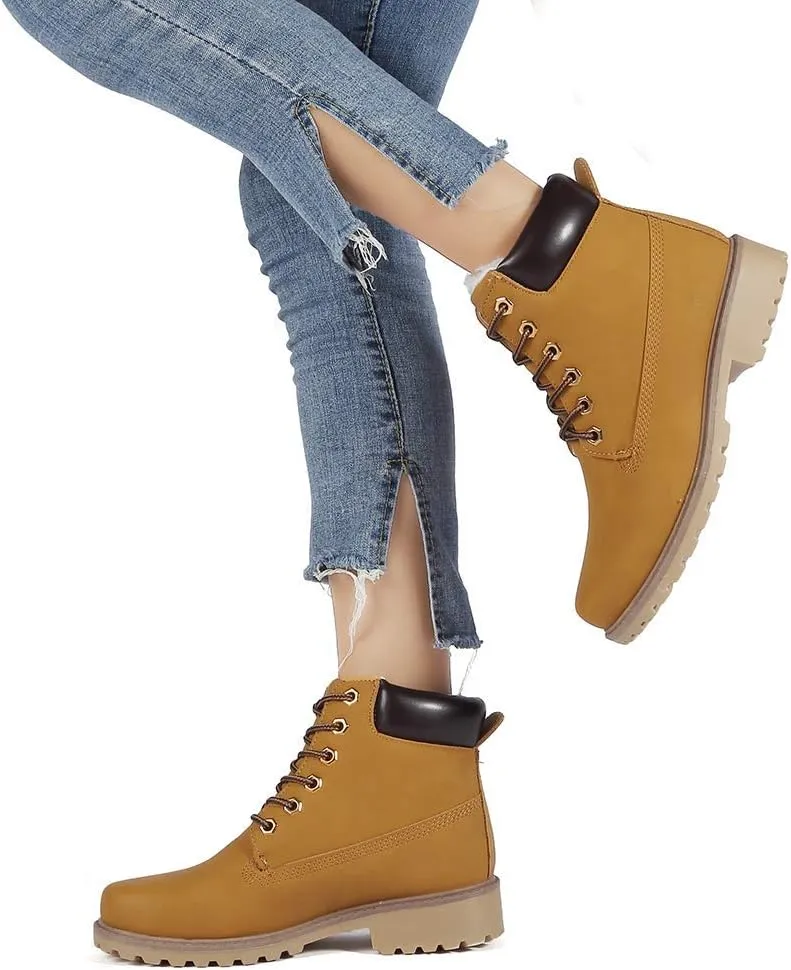 Inornever Winter Snow Boots for Women Waterproof Shoes Flat Lace Up Ankle Booties Low Heel Work Combat Boots