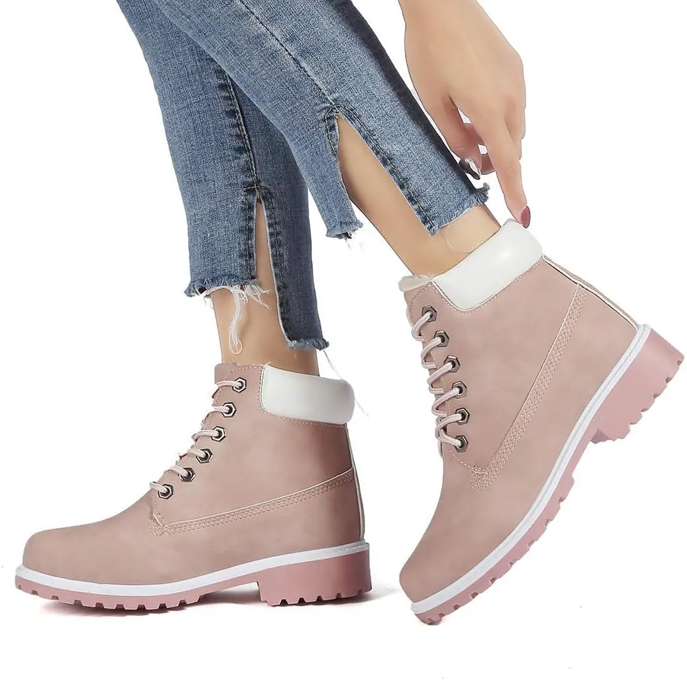 Inornever Winter Snow Boots for Women Waterproof Shoes Flat Lace Up Ankle Booties Low Heel Work Combat Boots