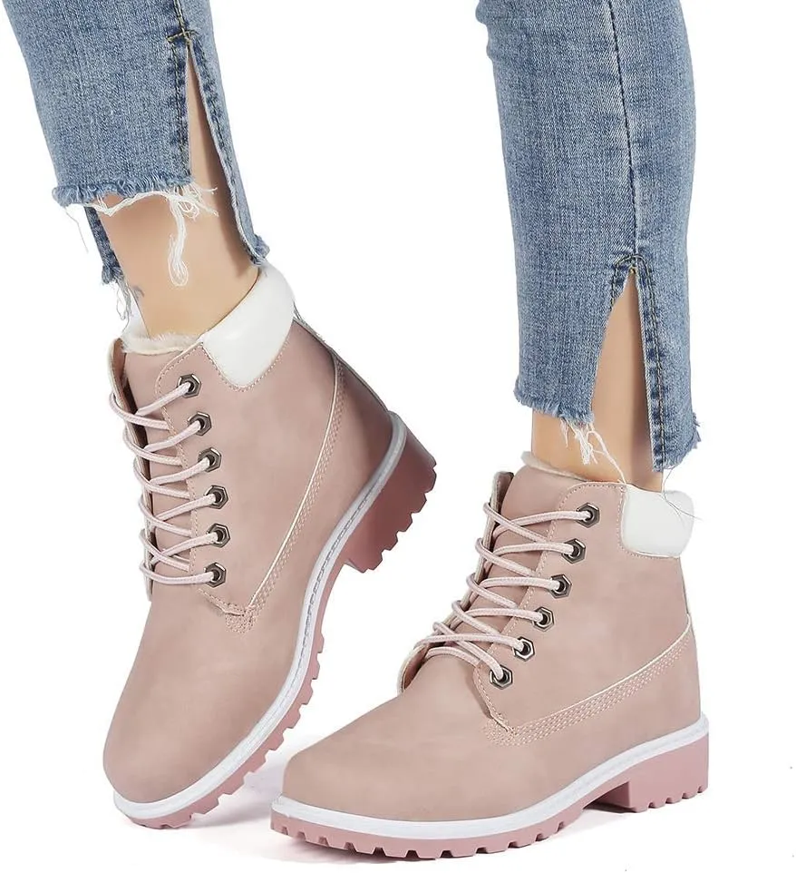 Inornever Winter Snow Boots for Women Waterproof Shoes Flat Lace Up Ankle Booties Low Heel Work Combat Boots