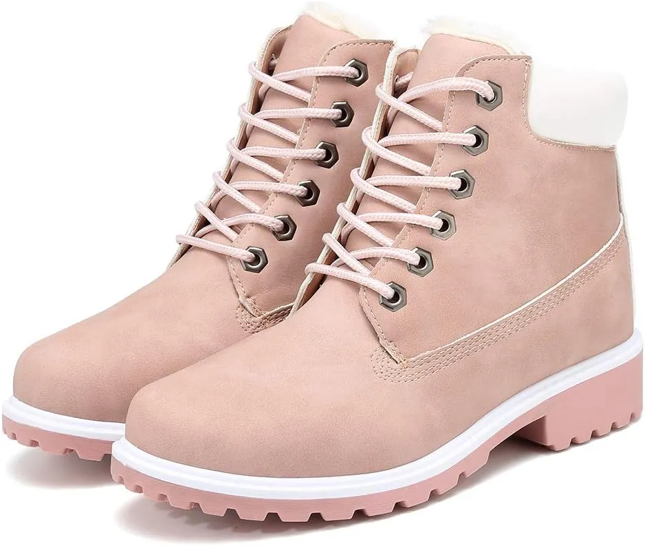 Inornever Winter Snow Boots for Women Waterproof Shoes Flat Lace Up Ankle Booties Low Heel Work Combat Boots