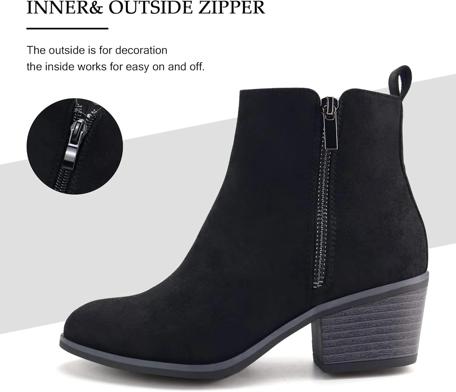 JABASIC Women Ankle Boots Side Zipper Booties Low Heel Dress Boots