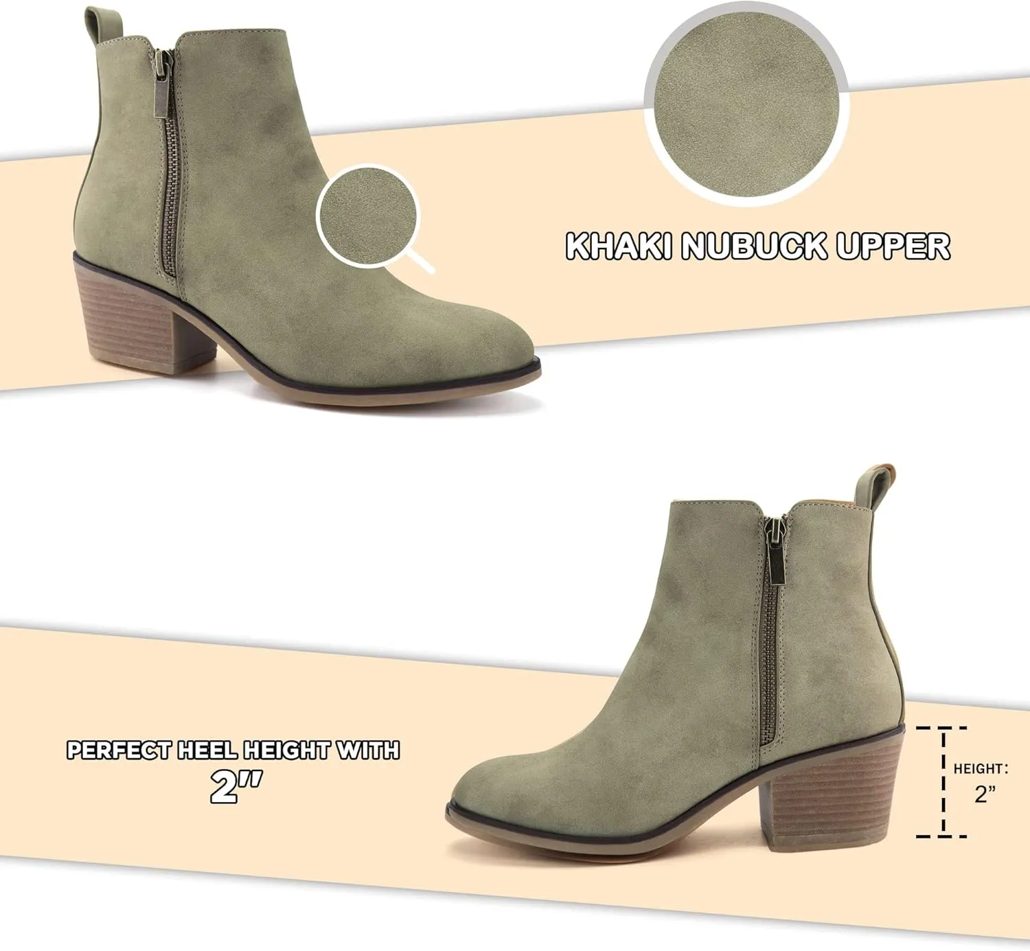 JABASIC Women Ankle Boots Side Zipper Booties Low Heel Dress Boots