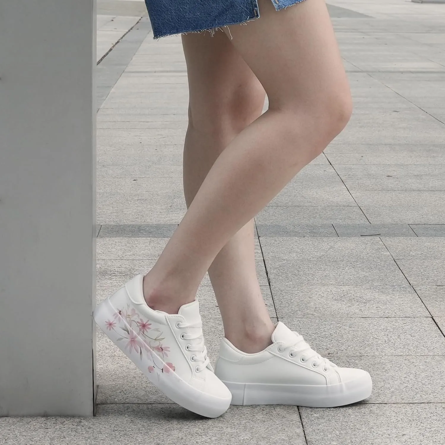 JABASIC Women Platform Sneakers Lace-up Floral Print Fashion Walking Shoes