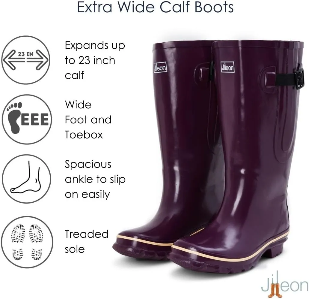 Jileon Extra Wide Calf Rain Boots - Ideal for Wide Feet, Ankles & Calves - Fit 16 to 23” Calves - Durable & Waterproof