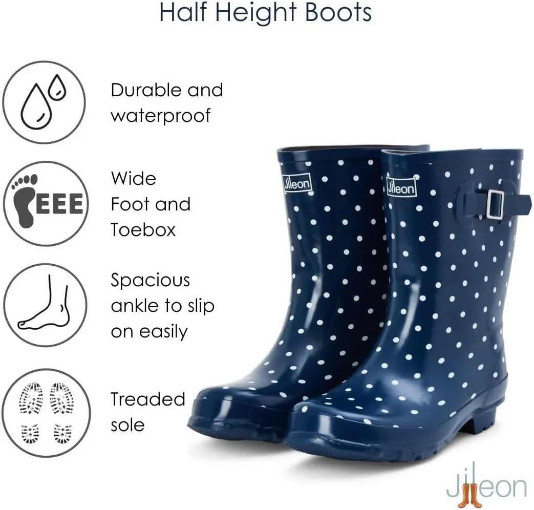 Jileon Mid Calf Rain Boots - Specially Designed For Wide Feet, Ankles or Calves - Half Height Waterproof Durable Wide Calf Rain Boots