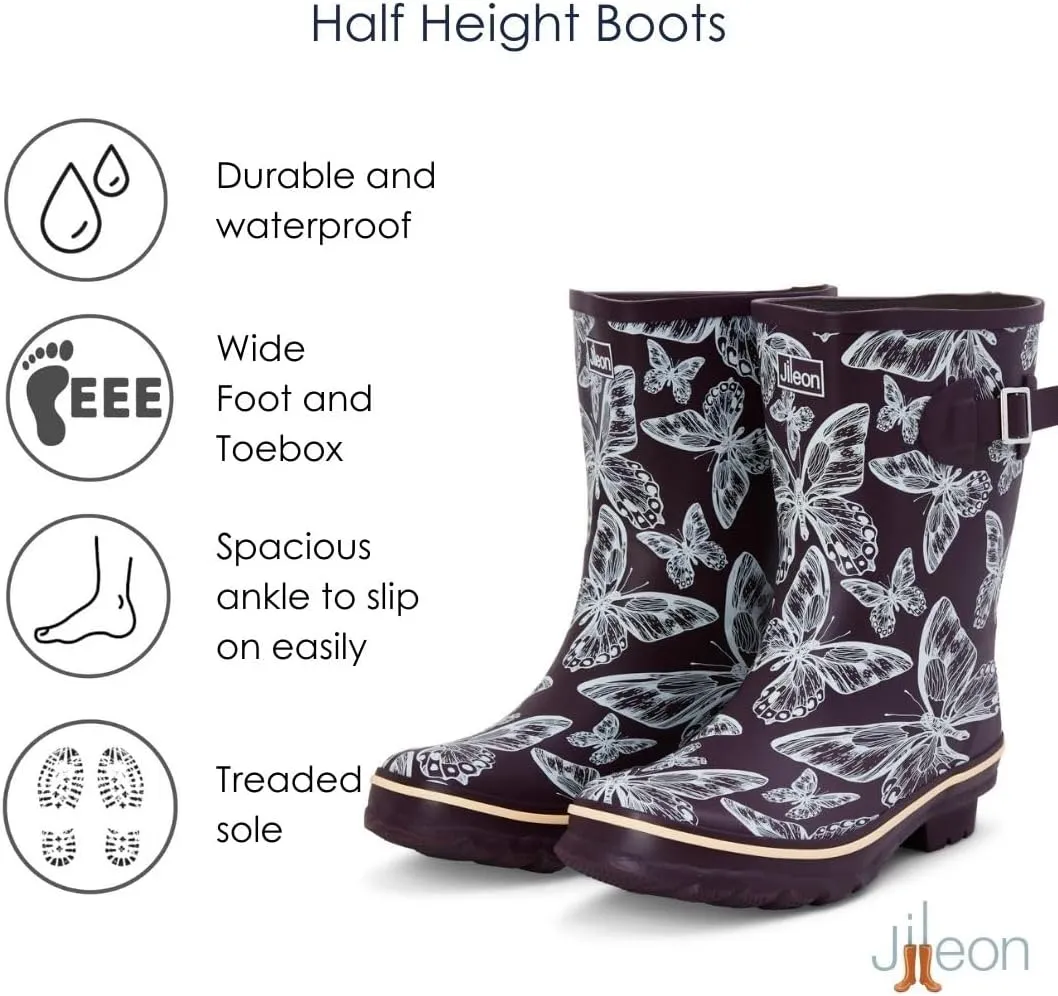 Jileon Mid Calf Rain Boots - Specially Designed For Wide Feet, Ankles or Calves - Half Height Waterproof Durable Wide Calf Rain Boots