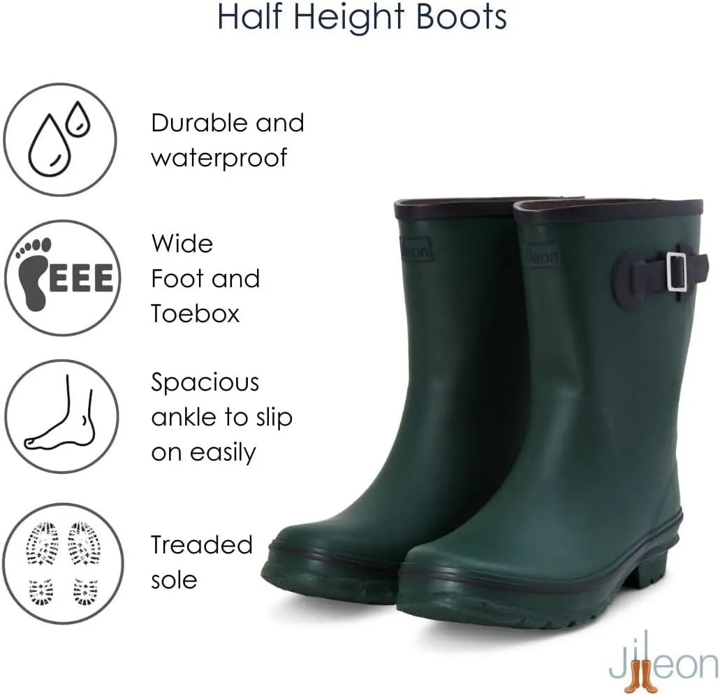 Jileon Mid Calf Rain Boots - Specially Designed For Wide Feet, Ankles or Calves - Half Height Waterproof Durable Wide Calf Rain Boots