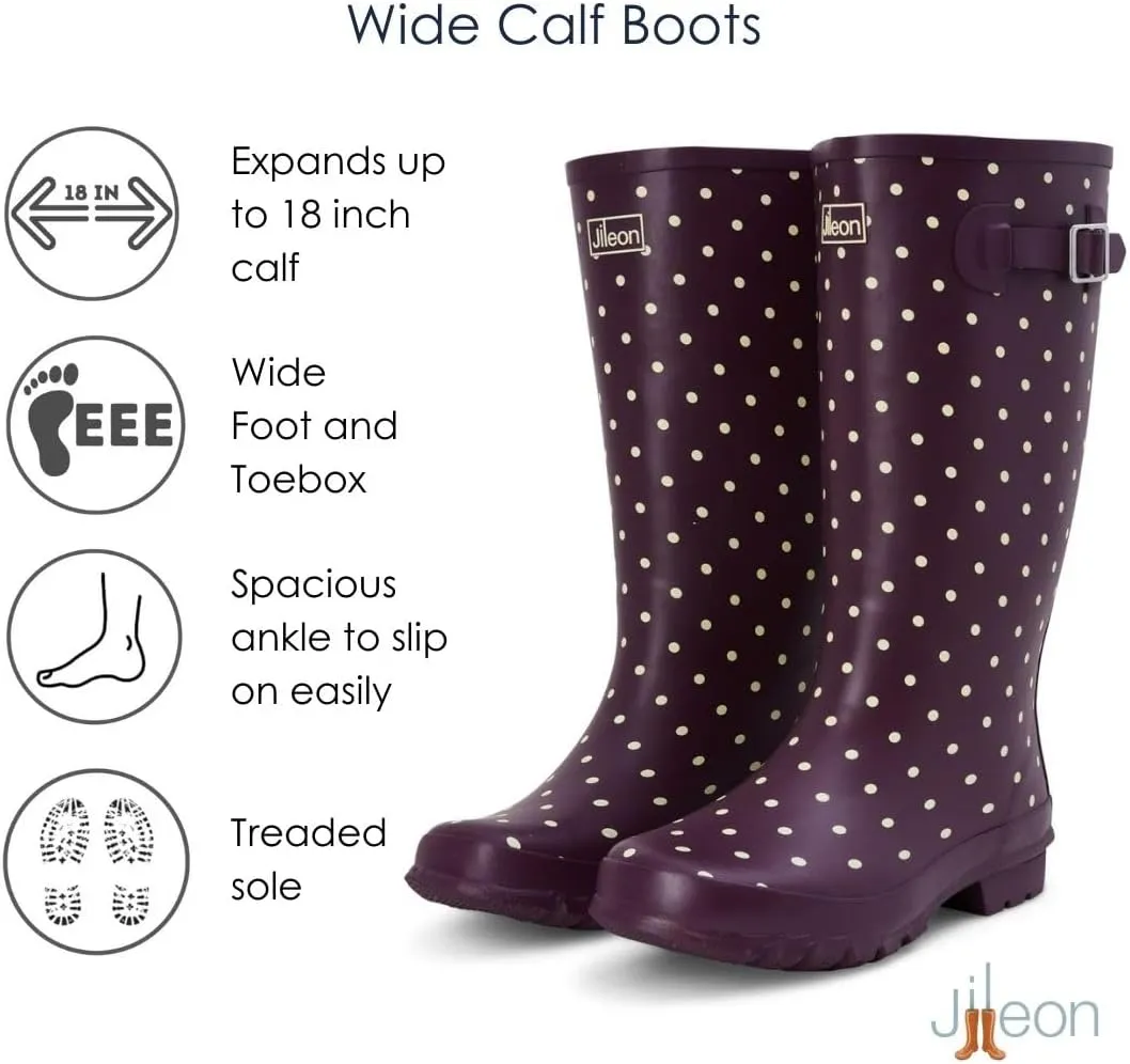 Jileon Wide Fit Womens Rain Boots - Fit up to 18” Calves - Unique Design For Wide Feet, Ankles & Calves