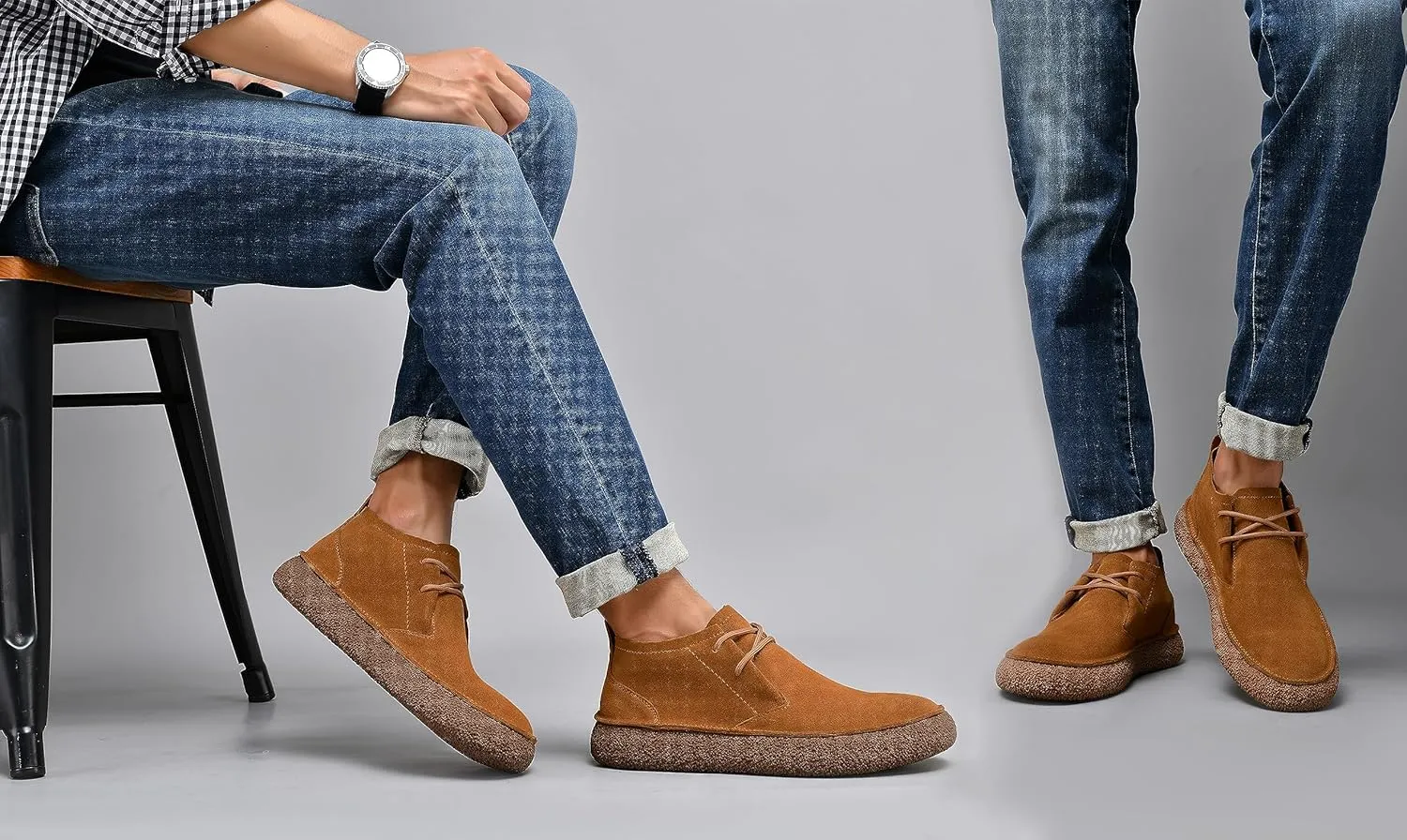 JIONS Mens Ankle Desert Chukka Boots Lace Up Suede Leather Shoes Round Toe Platform Deck Boots