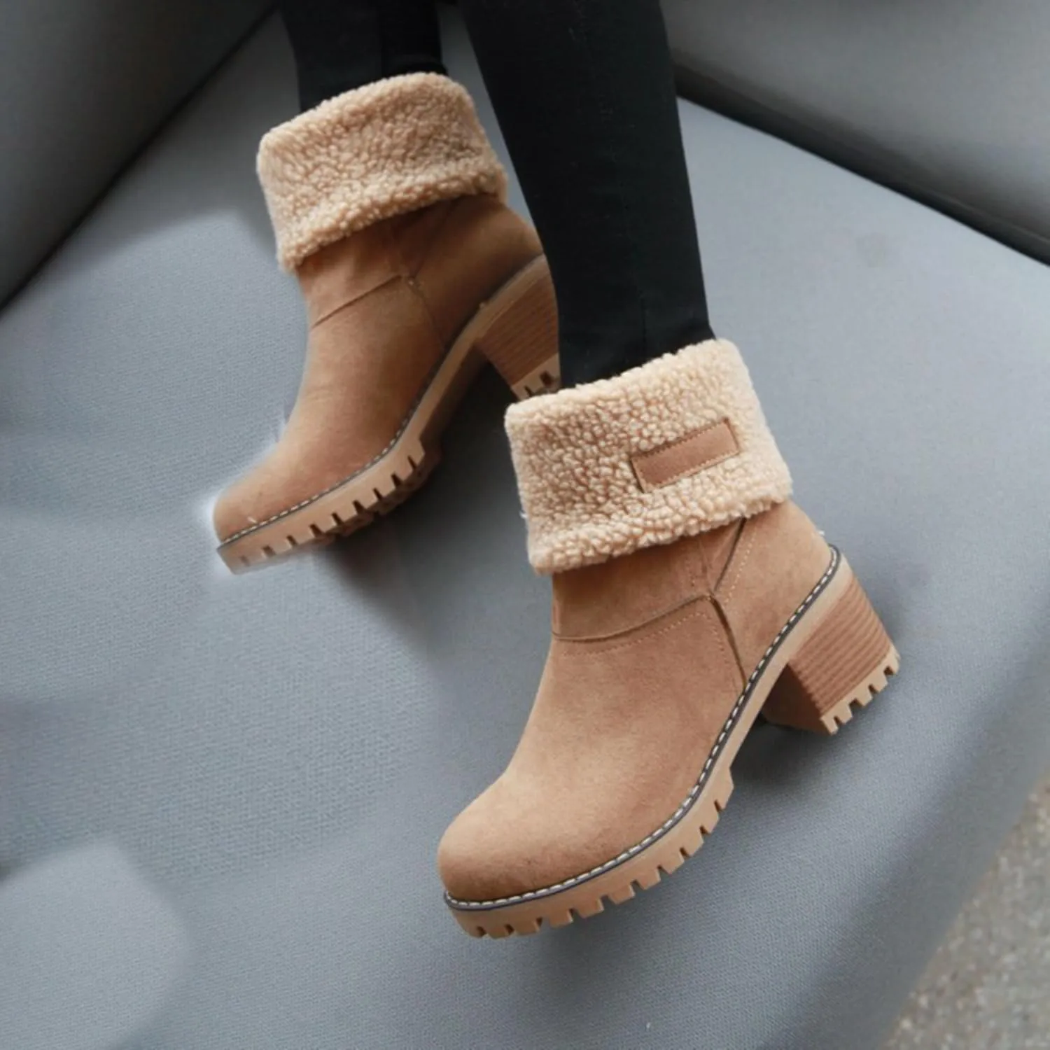 JITUUE Winter Snow Boots for Women Mid Heel Ankle Booties Faux Suede Fur Lined Slip-on Shoes