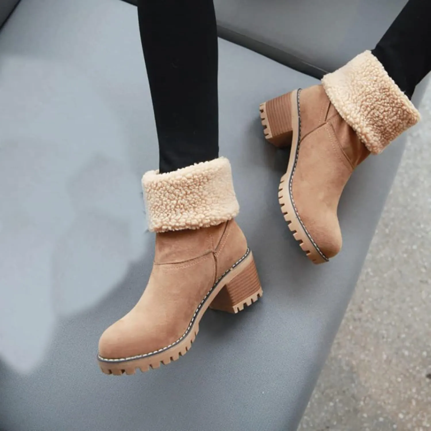 JITUUE Winter Snow Boots for Women Mid Heel Ankle Booties Faux Suede Fur Lined Slip-on Shoes