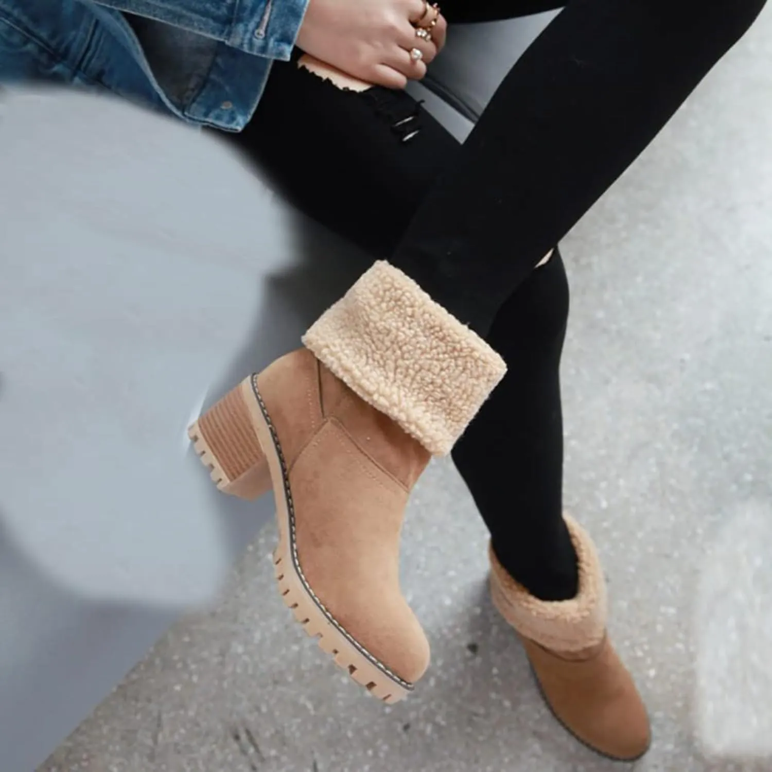 JITUUE Winter Snow Boots for Women Mid Heel Ankle Booties Faux Suede Fur Lined Slip-on Shoes