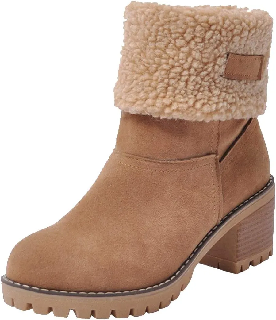 JITUUE Winter Snow Boots for Women Mid Heel Ankle Booties Faux Suede Fur Lined Slip-on Shoes