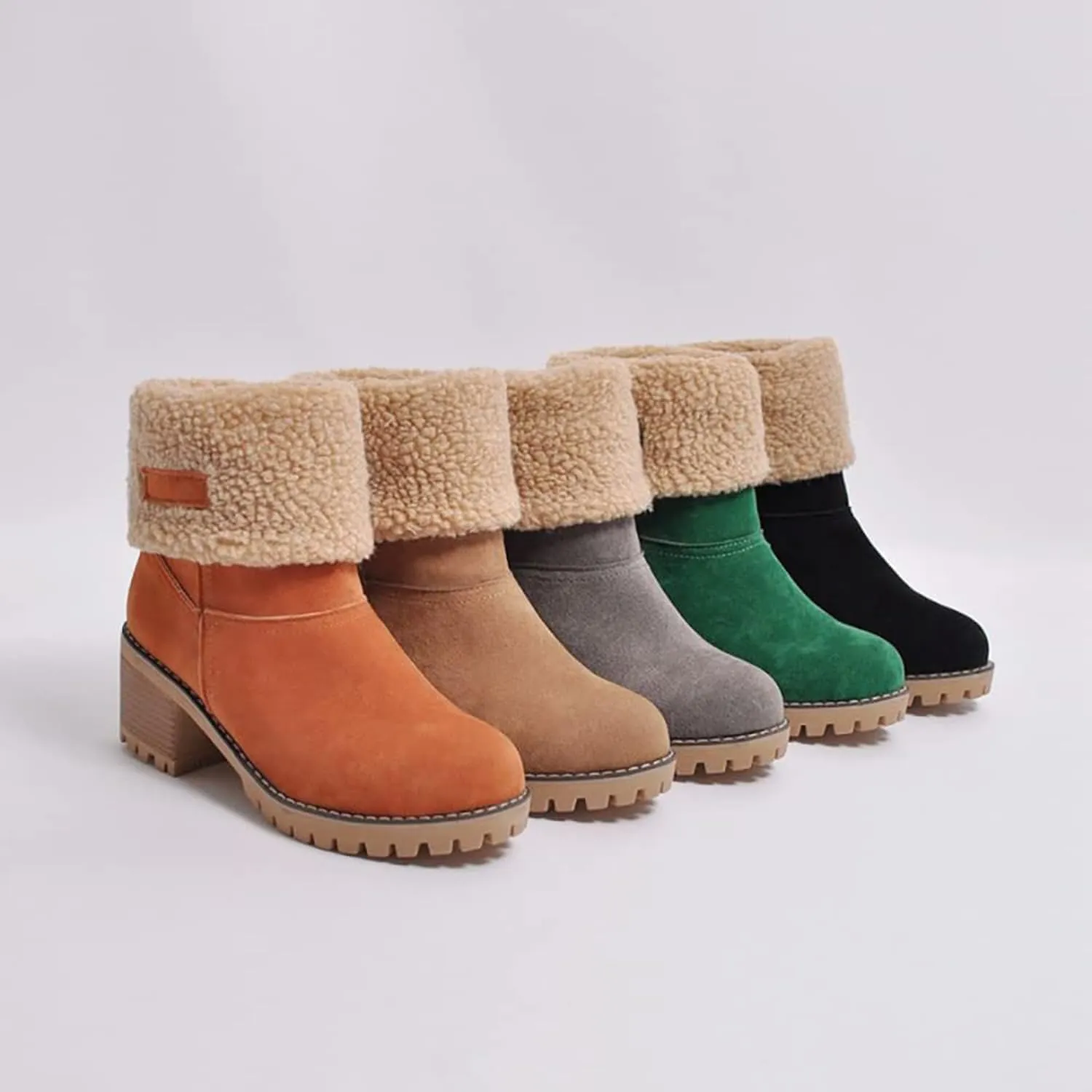 JITUUE Winter Snow Boots for Women Mid Heel Ankle Booties Faux Suede Fur Lined Slip-on Shoes