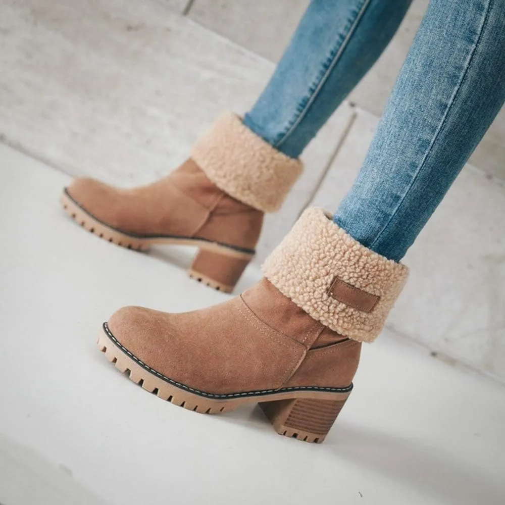 JITUUE Winter Snow Boots for Women Mid Heel Ankle Booties Faux Suede Fur Lined Slip-on Shoes
