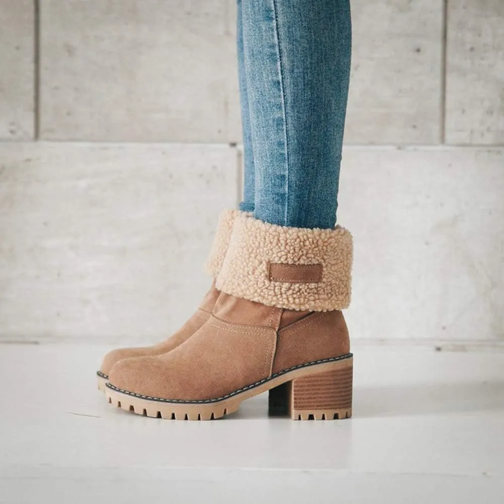 JITUUE Winter Snow Boots for Women Mid Heel Ankle Booties Faux Suede Fur Lined Slip-on Shoes