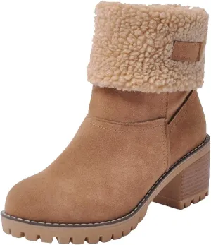 JITUUE Winter Snow Boots for Women Mid Heel Ankle Booties Faux Suede Fur Lined Slip-on Shoes