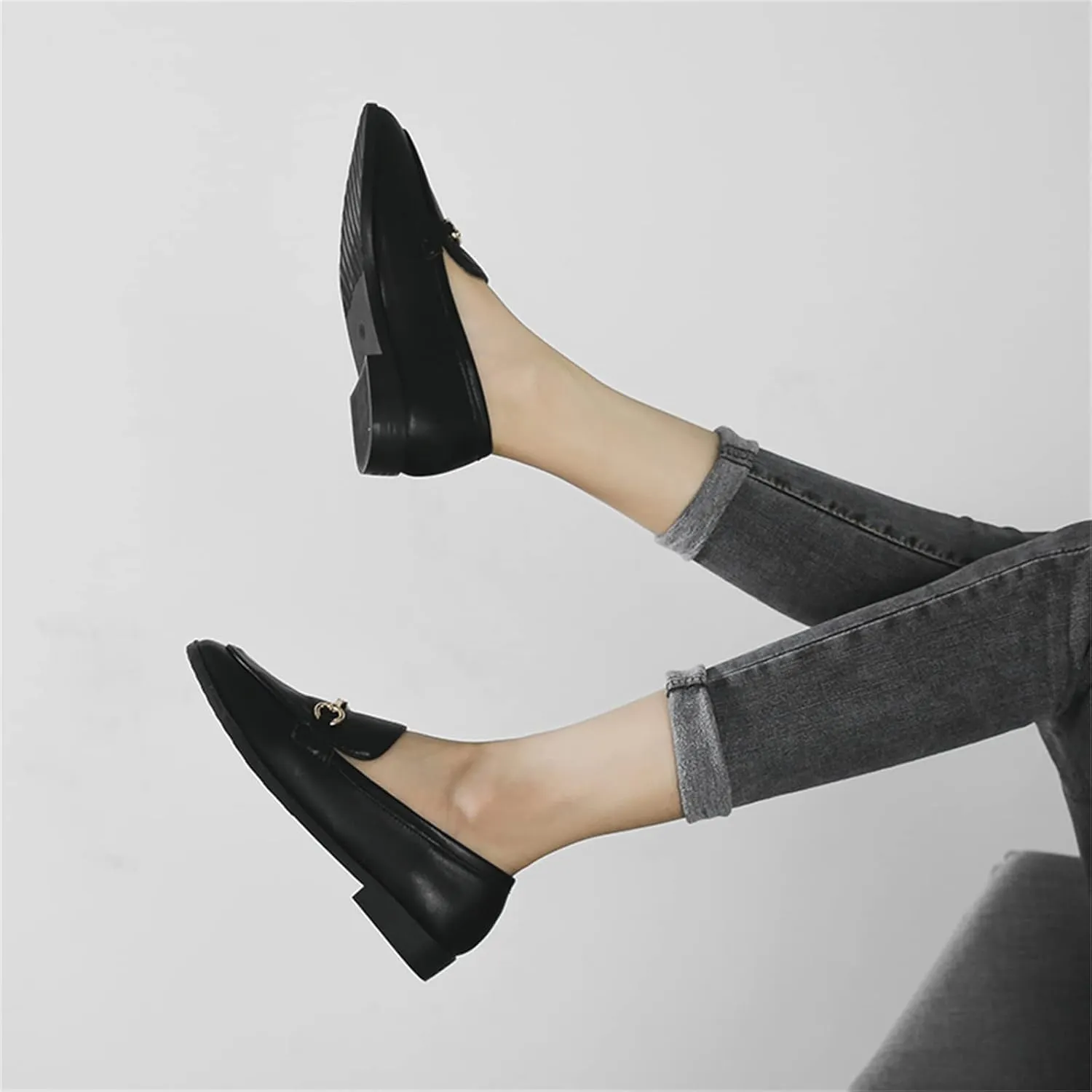 JiuQing Women's Loafers Slip-On Leather Shoes Flat Formal Shoes Low-Heel Office Casual