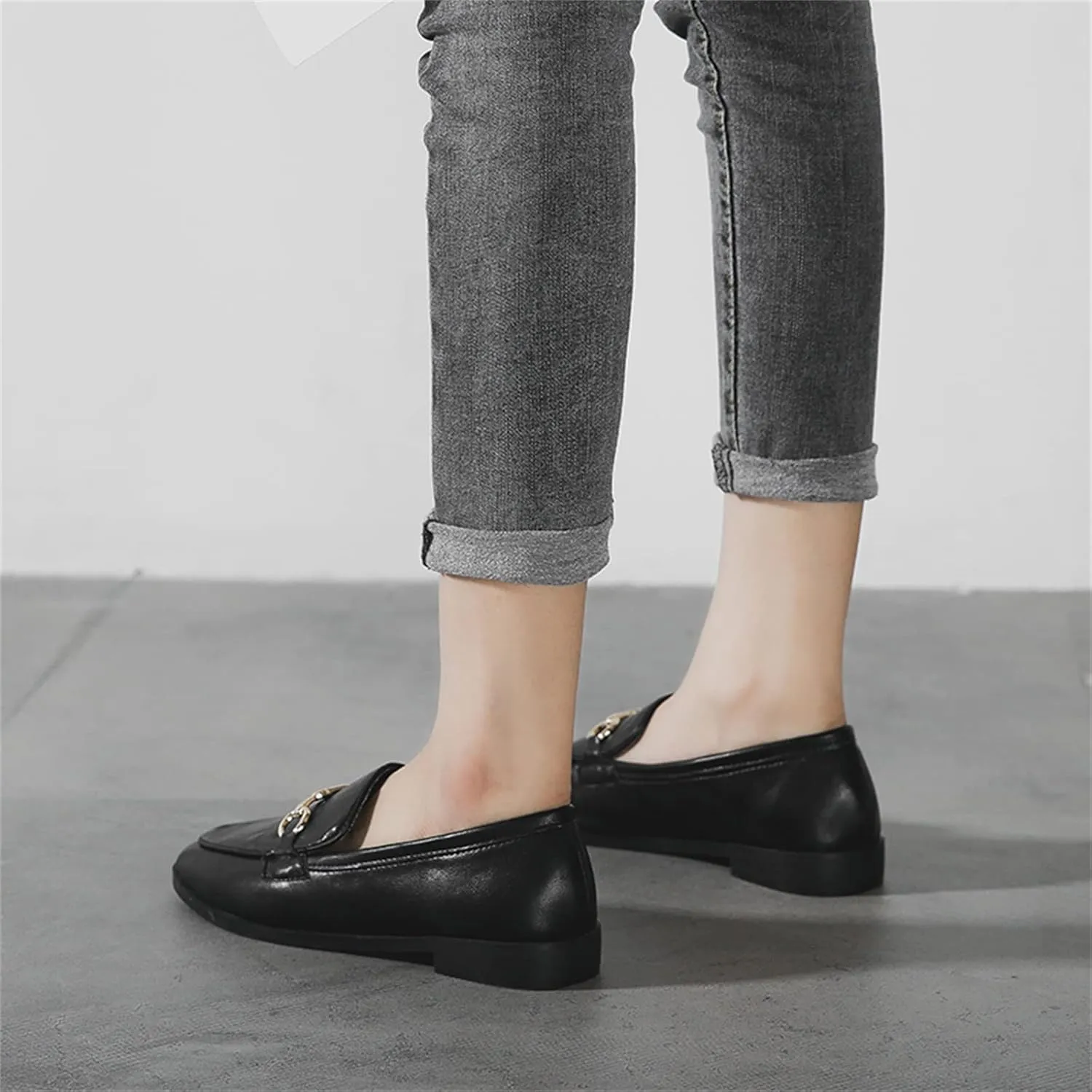 JiuQing Women's Loafers Slip-On Leather Shoes Flat Formal Shoes Low-Heel Office Casual
