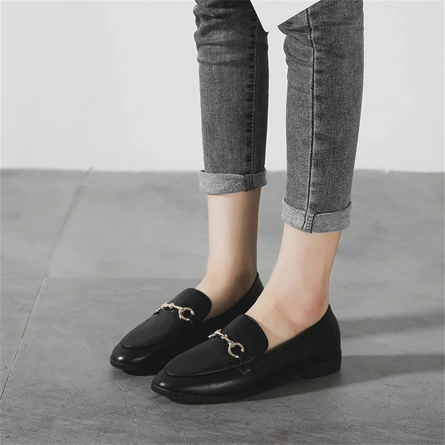 JiuQing Women's Loafers Slip-On Leather Shoes Flat Formal Shoes Low-Heel Office Casual
