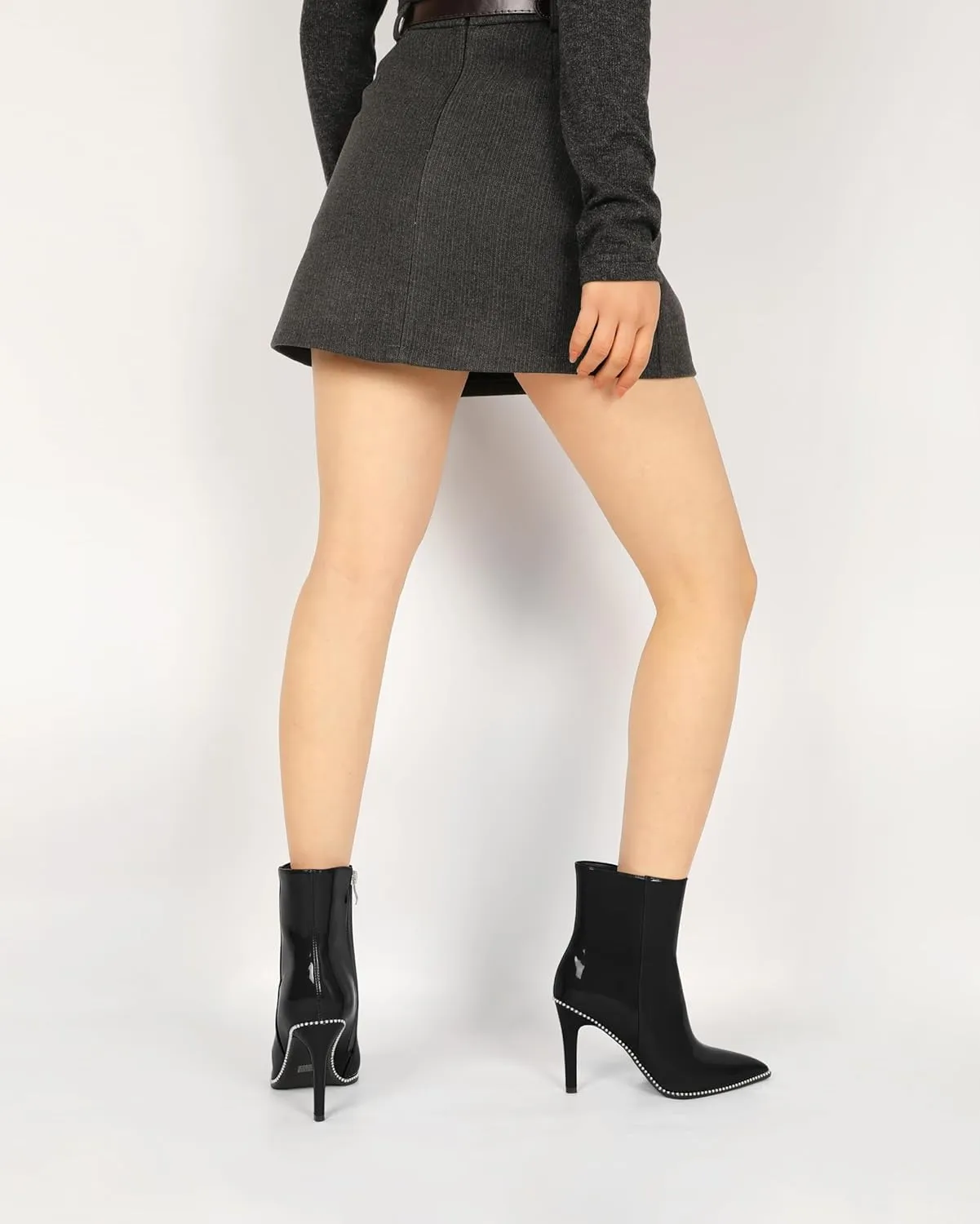 Joseywade Ankle Boots High Heel Boots Women Pointed Toe Stiletto Thin Slim Heel Booties Side Zipper Beaded Short Boots Shoes