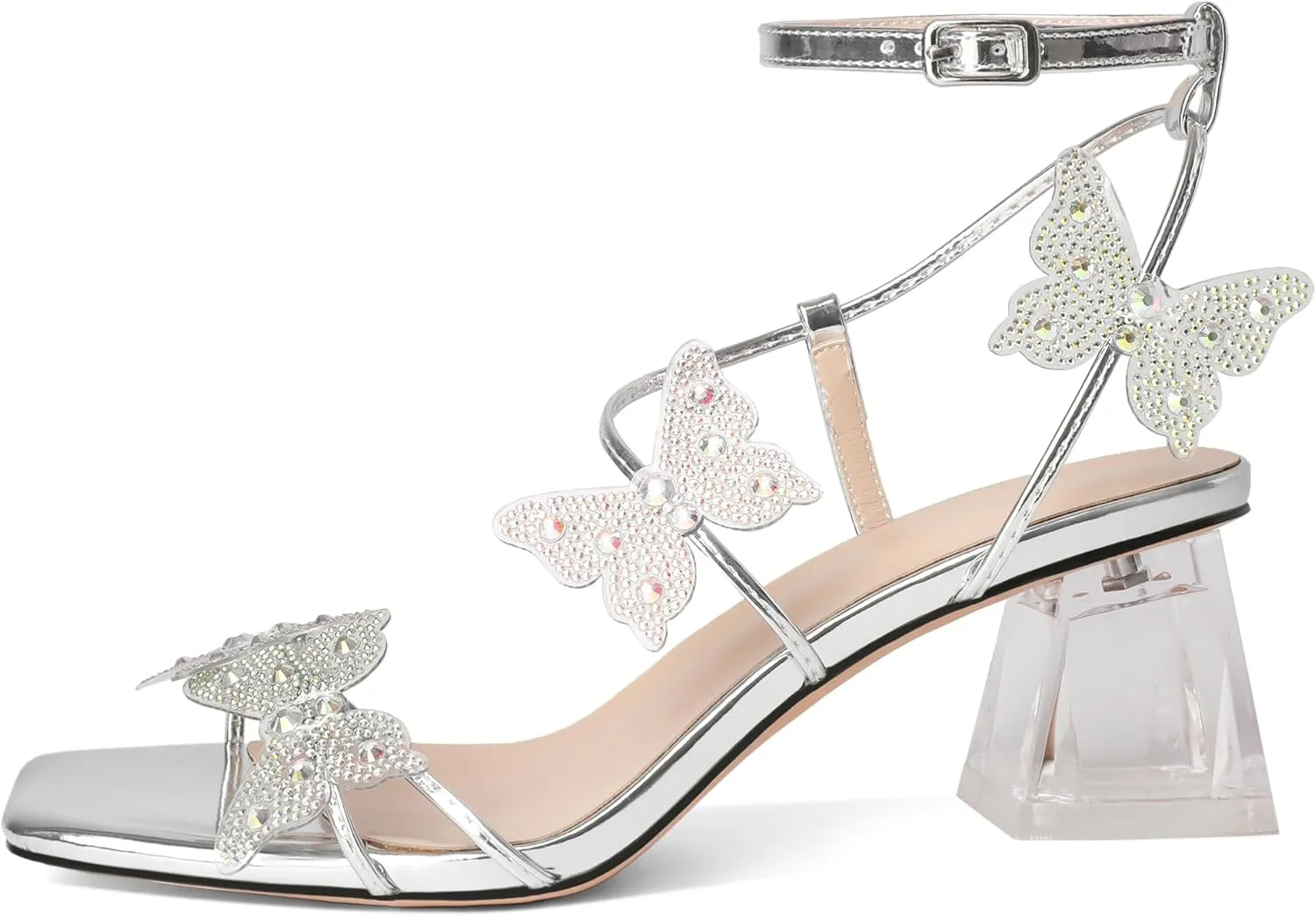Joseywade Butterfly Heels Heeled Sandals Rhinestone Crystal Diamond Butterflies Heels Open Toe Clear low Heels 2 Inch Women's Shoes