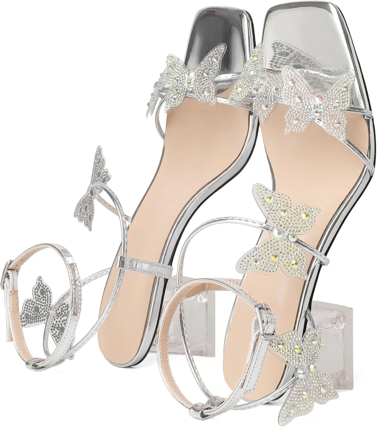 Joseywade Butterfly Heels Heeled Sandals Rhinestone Crystal Diamond Butterflies Heels Open Toe Clear low Heels 2 Inch Women's Shoes