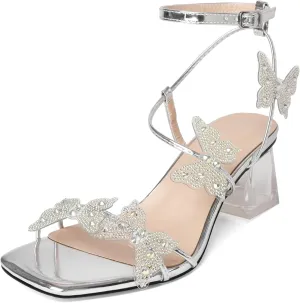 Joseywade Butterfly Heels Heeled Sandals Rhinestone Crystal Diamond Butterflies Heels Open Toe Clear low Heels 2 Inch Women's Shoes