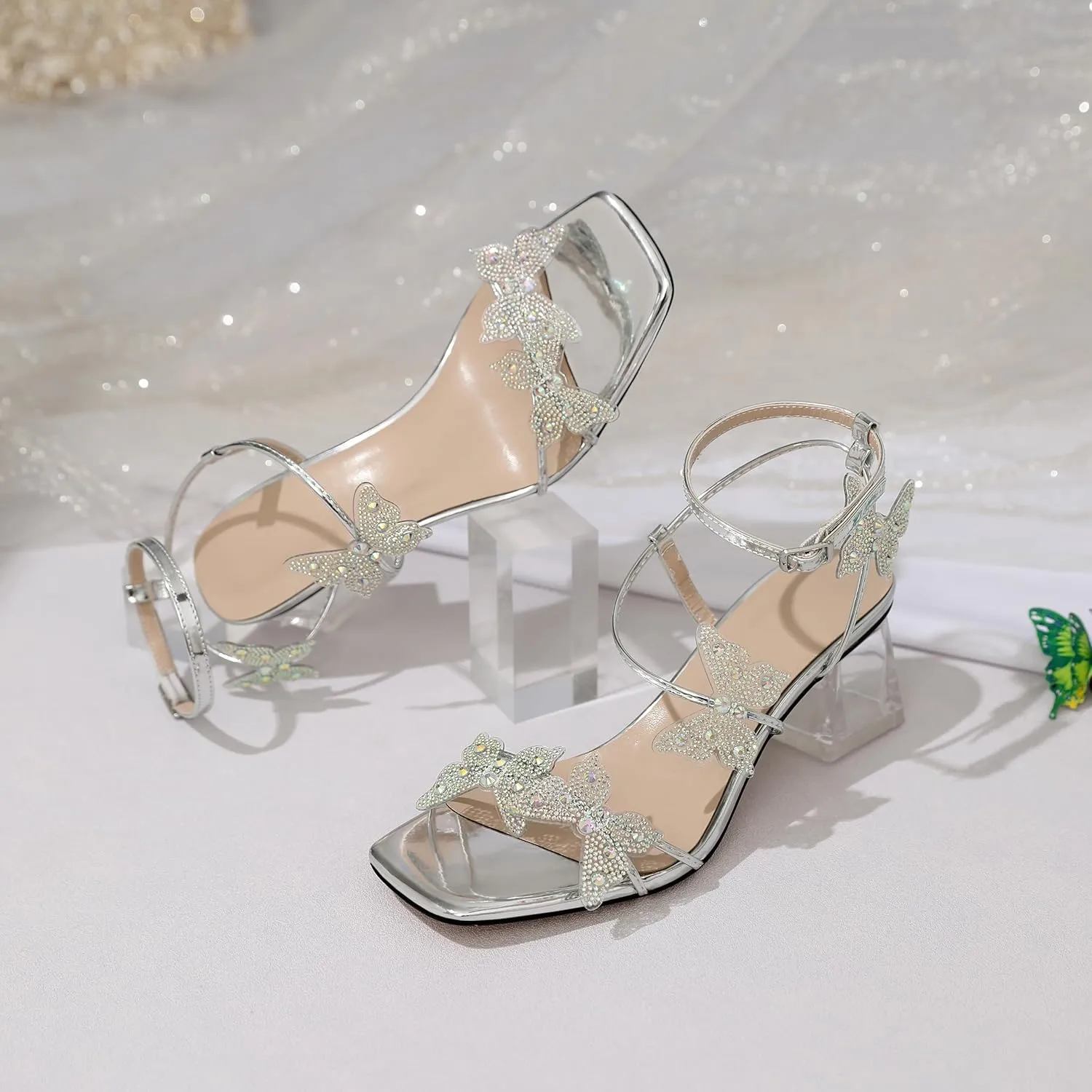 Joseywade Butterfly Heels Heeled Sandals Rhinestone Crystal Diamond Butterflies Heels Open Toe Clear low Heels 2 Inch Women's Shoes