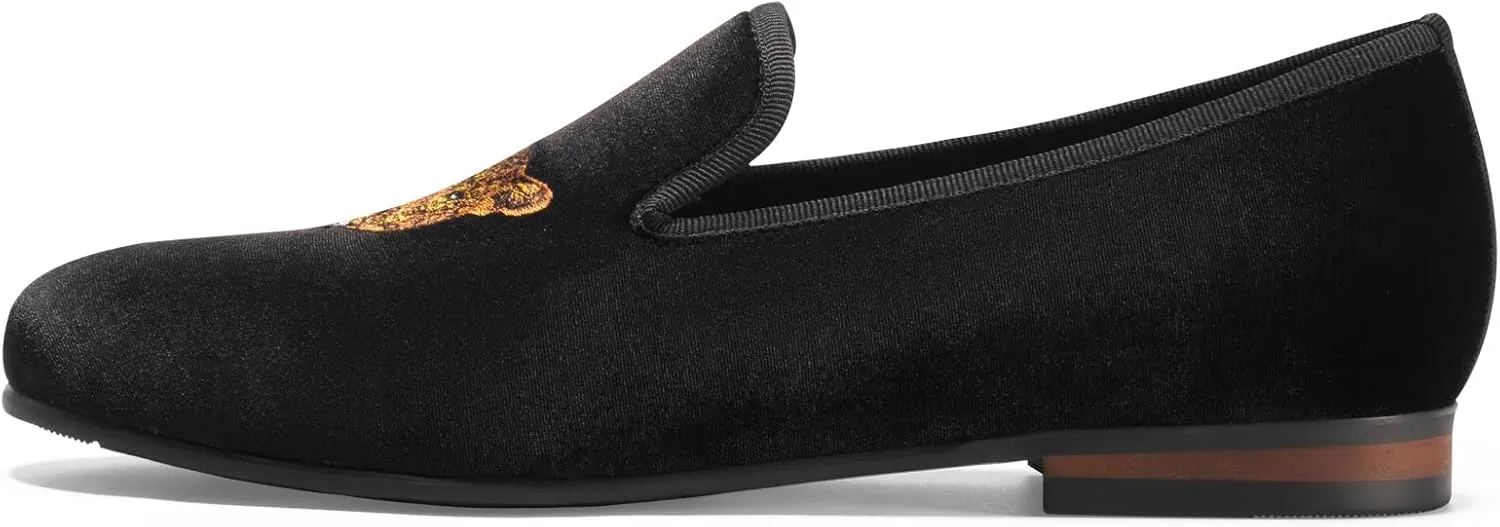 Journey West Men's Velvet Loafers Embroidery Slip-On Loafers Tuxedo Dress Shoes Smoking Slippers for Men