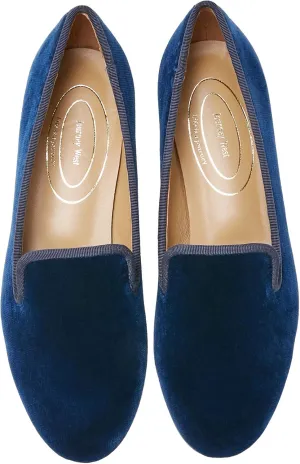 Journey West Women's Velvet Loafer Flat with Embroidery Smoking Slippers Slip on Shoes for Women Plain Navy Blue US 6.5